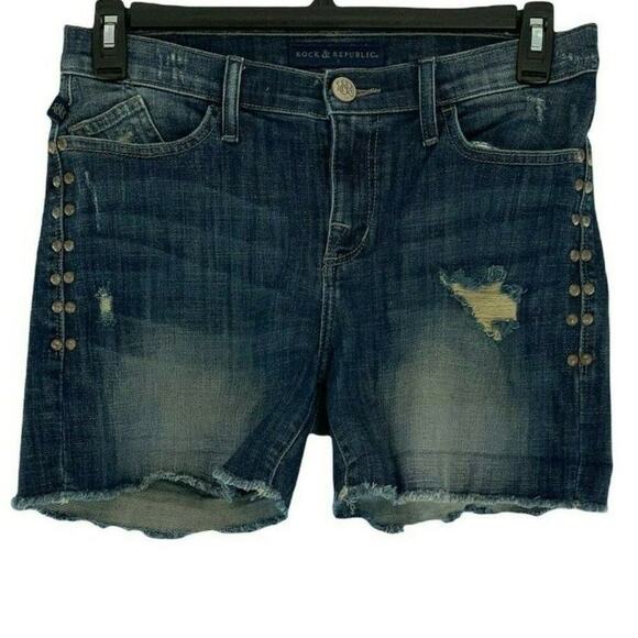 Rock & Republic Bumpershoot Short Womens 8 Distressed Cut-Off Raw Hem Blue Denim - Picture 2 of 10